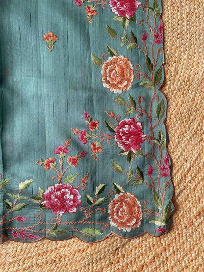 Mameraa Sarees Sea Green Matka Silk Saree With Heavy Floral Embroidery Border With Running Blouse-Sea_Green