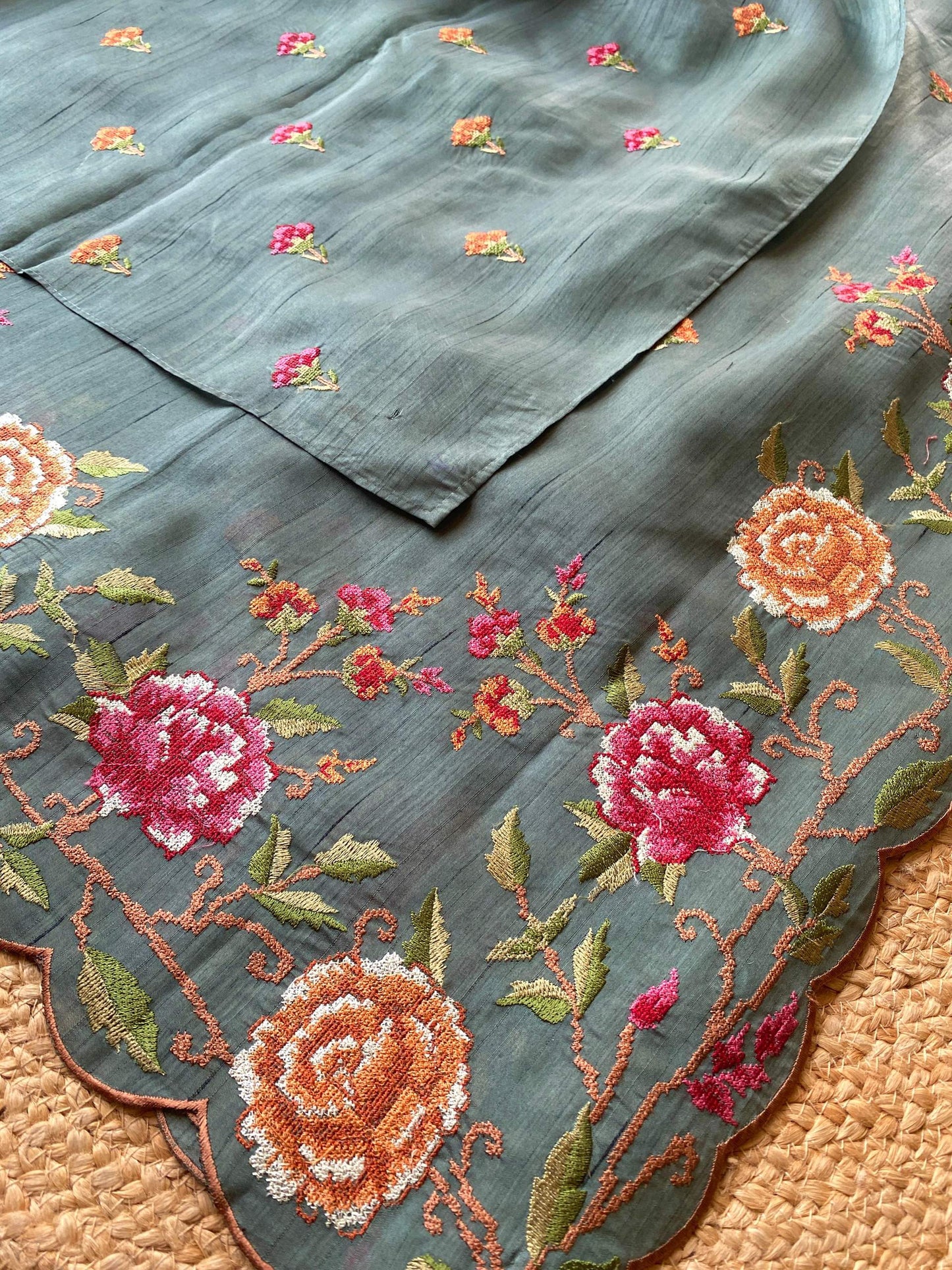 Mameraa Sarees Sea Green Matka Silk Saree With Heavy Floral Embroidery Border With Running Blouse-Sea_Green