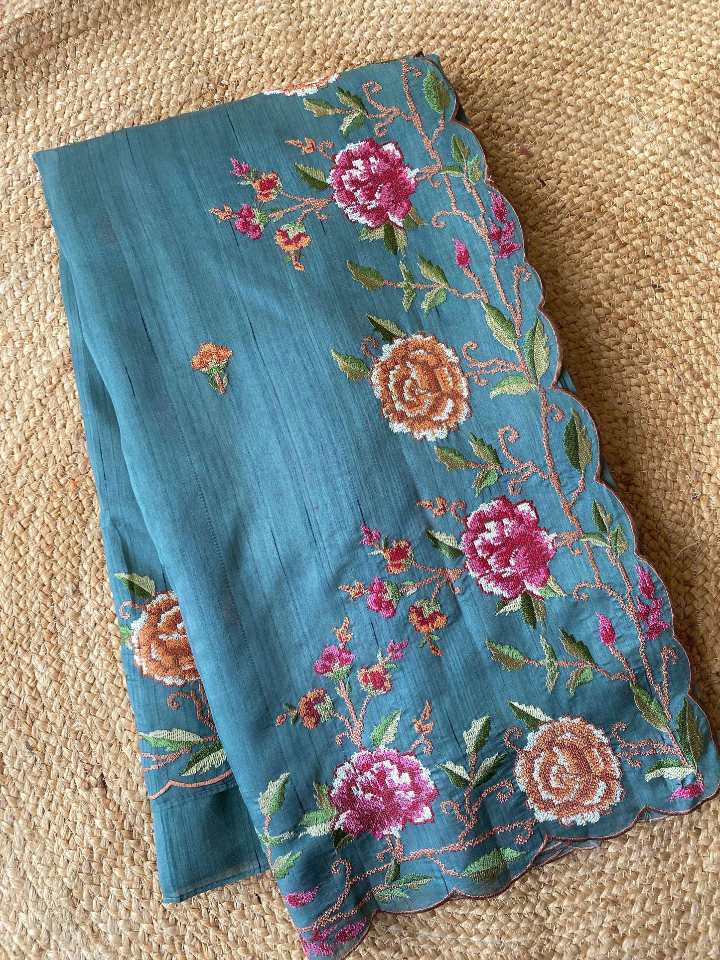 Mameraa Sarees Sea Green Matka Silk Saree With Heavy Floral Embroidery Border With Running Blouse-Sea_Green