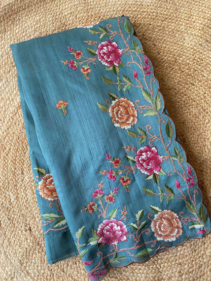 Mameraa Sarees Sea Green Matka Silk Saree With Heavy Floral Embroidery Border With Running Blouse-Sea_Green