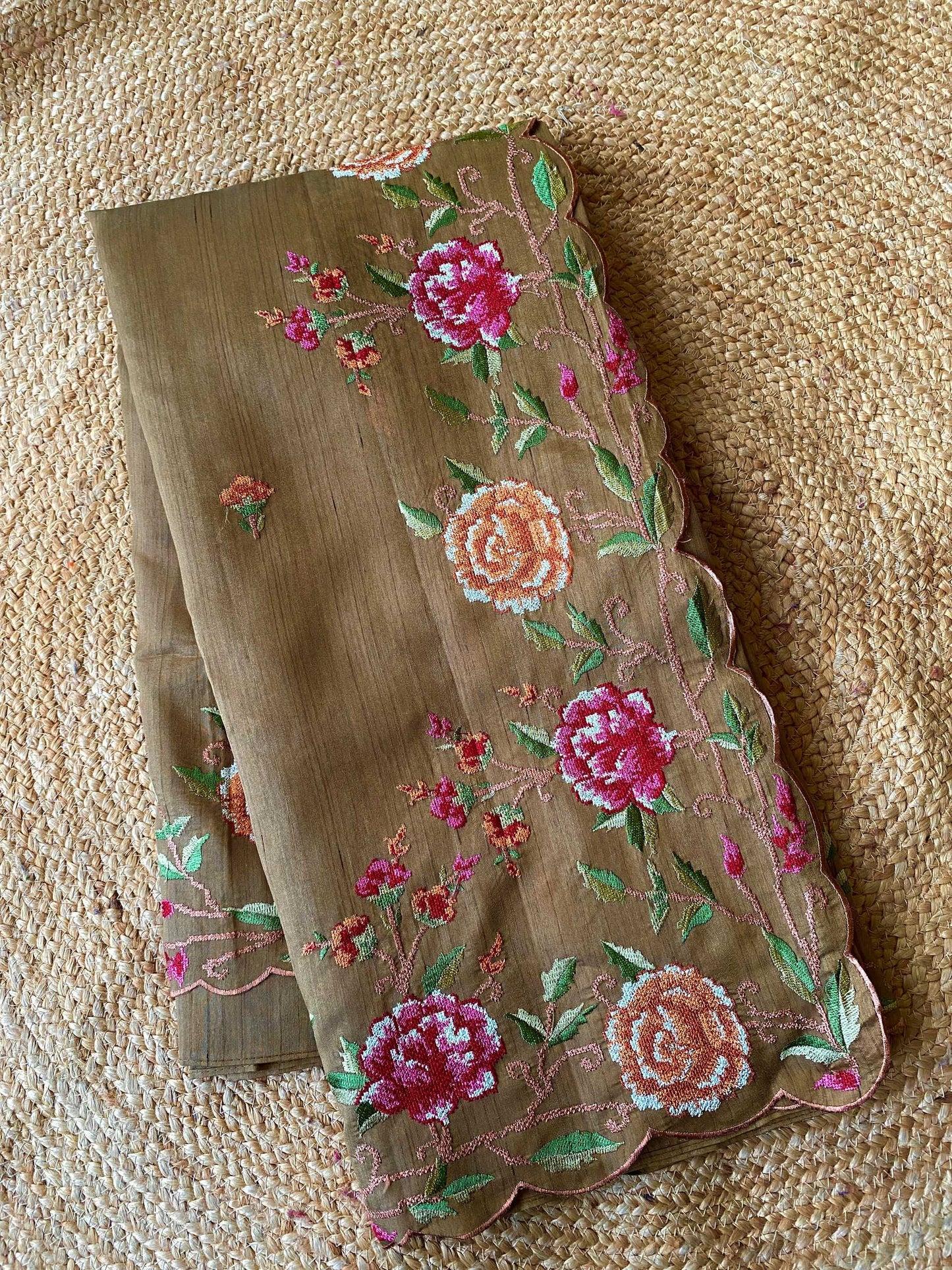 Mameraa Sarees Brown Matka Silk Saree With Heavy Floral Embroidery Border With Running Blouse-Brown