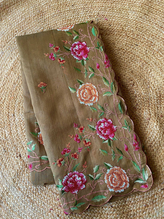 Mameraa Sarees Brown Matka Silk Saree With Heavy Floral Embroidery Border With Running Blouse-Brown