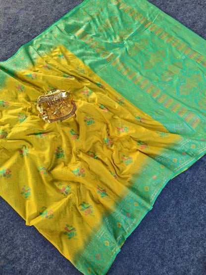 Mameraa Sarees Yellow Silk Saree Featuring Elegant Traditional Motifs All Over The Saree With Contrast Blouse-Yellow