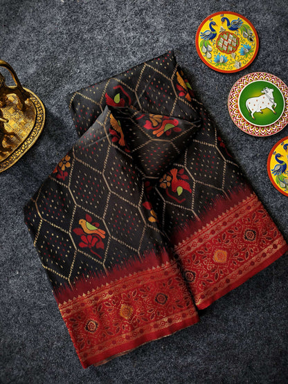 Mameraa Sarees Black Silk Saree Featuring Elegant Traditional Motifs All Over The Saree With Contrast Blouse-Black