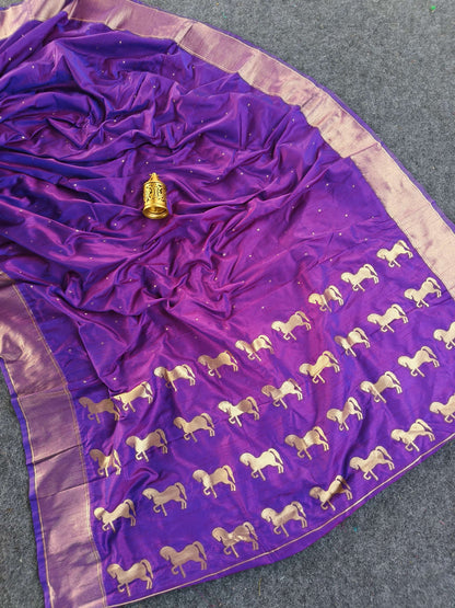 Mameraa Sarees Purple Silk Blend Zari Banarasi Weaving Saree With Blouse-Purple