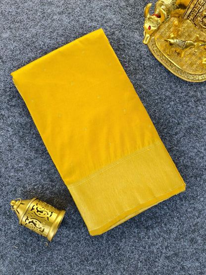 Mameraa Sarees Yellow Silk Blend Zari Banarasi Weaving Saree With Blouse-Yellow