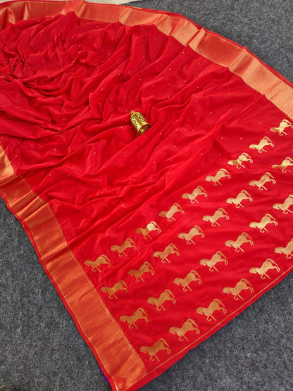 Mameraa Sarees Red Silk Blend Zari Banarasi Weaving Saree With Blouse-Red