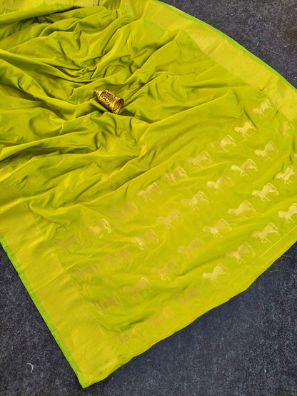 Mameraa Sarees Lemon Silk Blend Zari Banarasi Weaving Saree With Blouse-Lemon