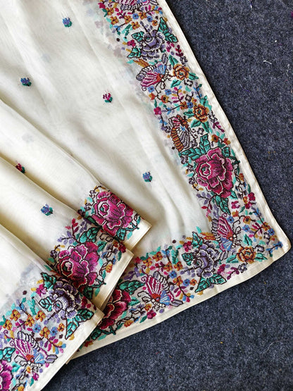 Mameraa Sarees Pure White Tissue Viscose Fabric Saree With Flower Design-White