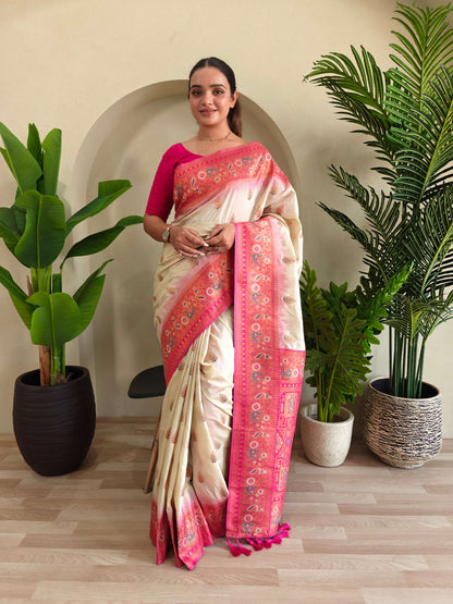 Mameraa Sarees Soft Silk Blend Blend Saree With Zari Weaving Meenakari Design-White