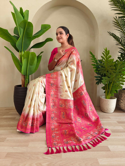 Mameraa Sarees Soft Silk Blend Blend Saree With Zari Weaving Meenakari Design-White