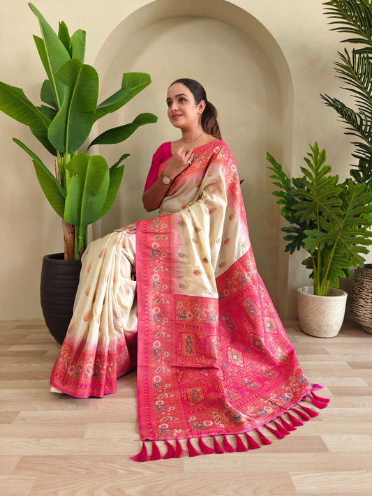 Mameraa Sarees Soft Silk Blend Blend Saree With Zari Weaving Meenakari Design-White