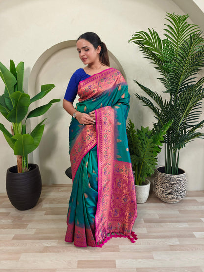 Mameraa Sarees Soft Silk Blend Blend Saree With Zari Weaving Meenakari Design-Rama Green