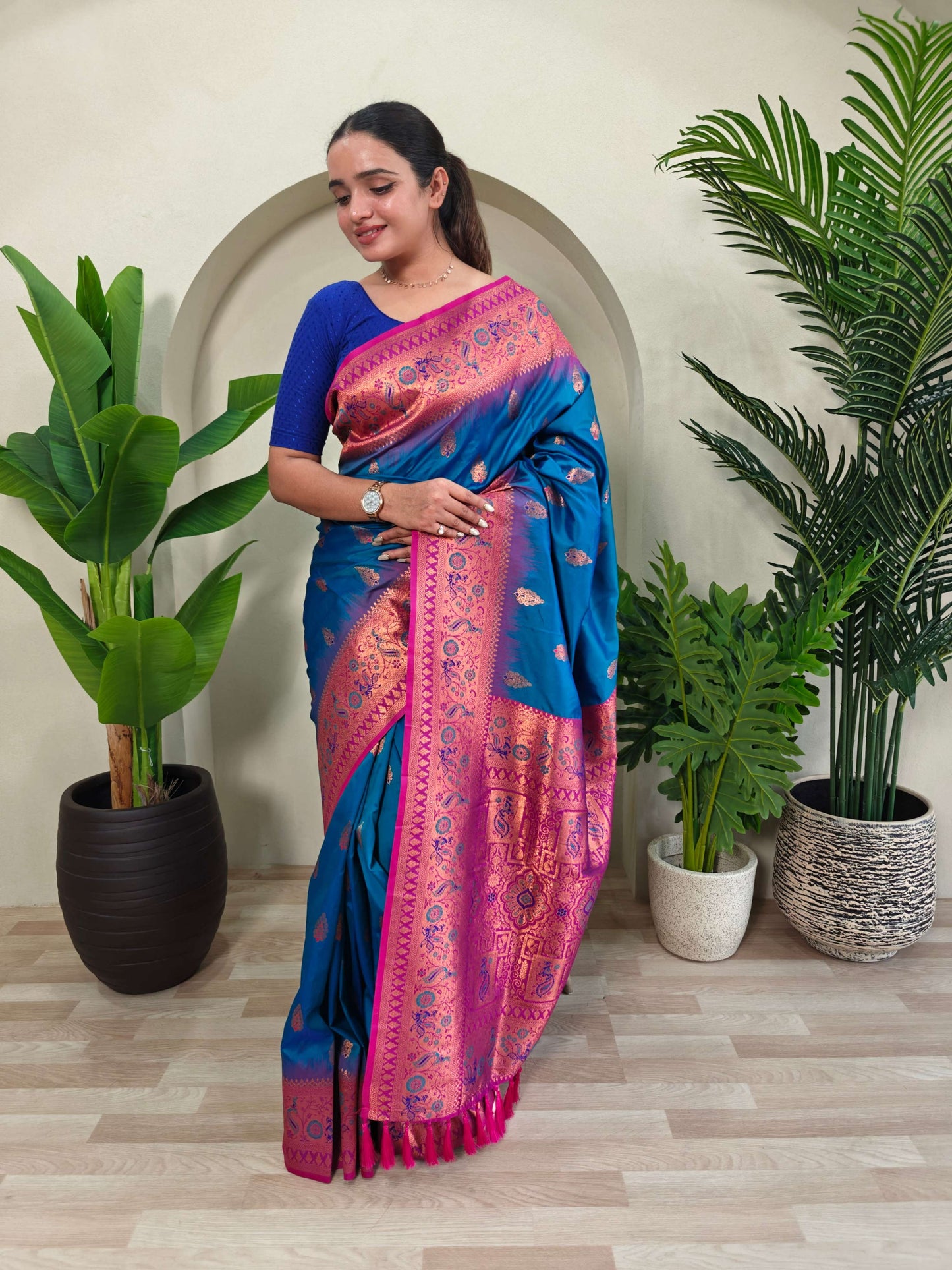 Mameraa Sarees Soft Silk Blend Blend Saree With Zari Weaving Meenakari Design-Teal Blue