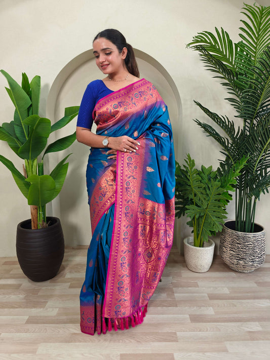 Mameraa Sarees Soft Silk Blend Blend Saree With Zari Weaving Meenakari Design-Teal Blue