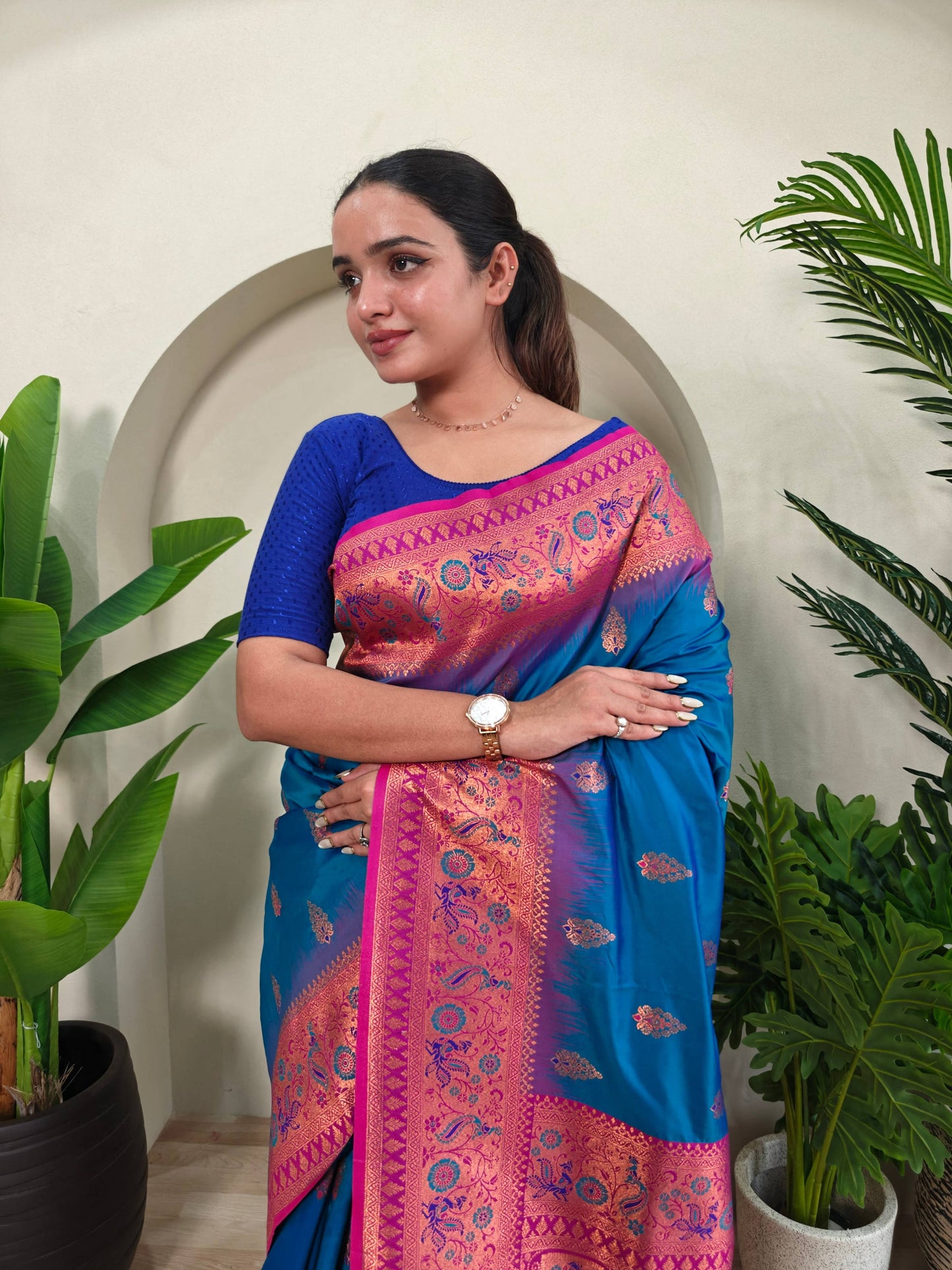 Mameraa Sarees Soft Silk Blend Blend Saree With Zari Weaving Meenakari Design-Teal Blue