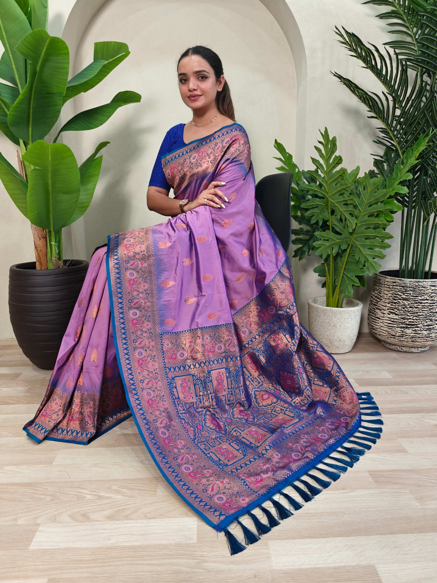 Mameraa Sarees Soft Silk Blend Blend Saree With Zari Weaving Meenakari Design-Lovender