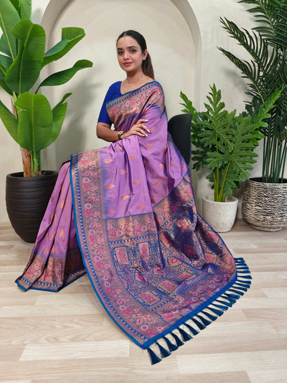 Mameraa Sarees Soft Silk Blend Blend Saree With Zari Weaving Meenakari Design-Lovender