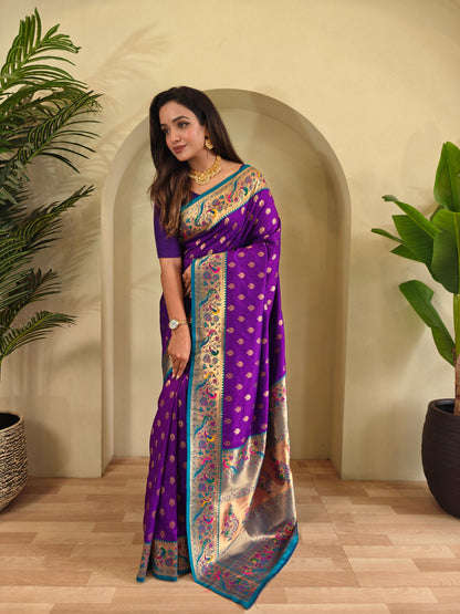 Mameraa Sarees Paithani Silk Blend Weaving Saree With Contrast Blouse-Whine