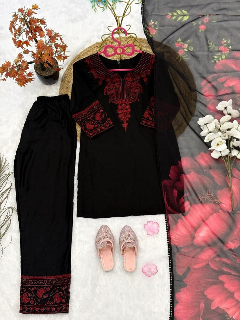 Evanik Premium Kids Black Silk-Blend Kurta Set with Maroon Embroidery Work and Dupatta