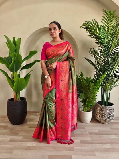 Mameraa Sarees Soft Silk Blend Blend Saree With Zari Weaving Meenakari Design-Mahendi Green