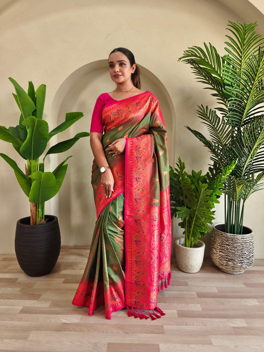 Mameraa Sarees Soft Silk Blend Blend Saree With Zari Weaving Meenakari Design-Mahendi Green