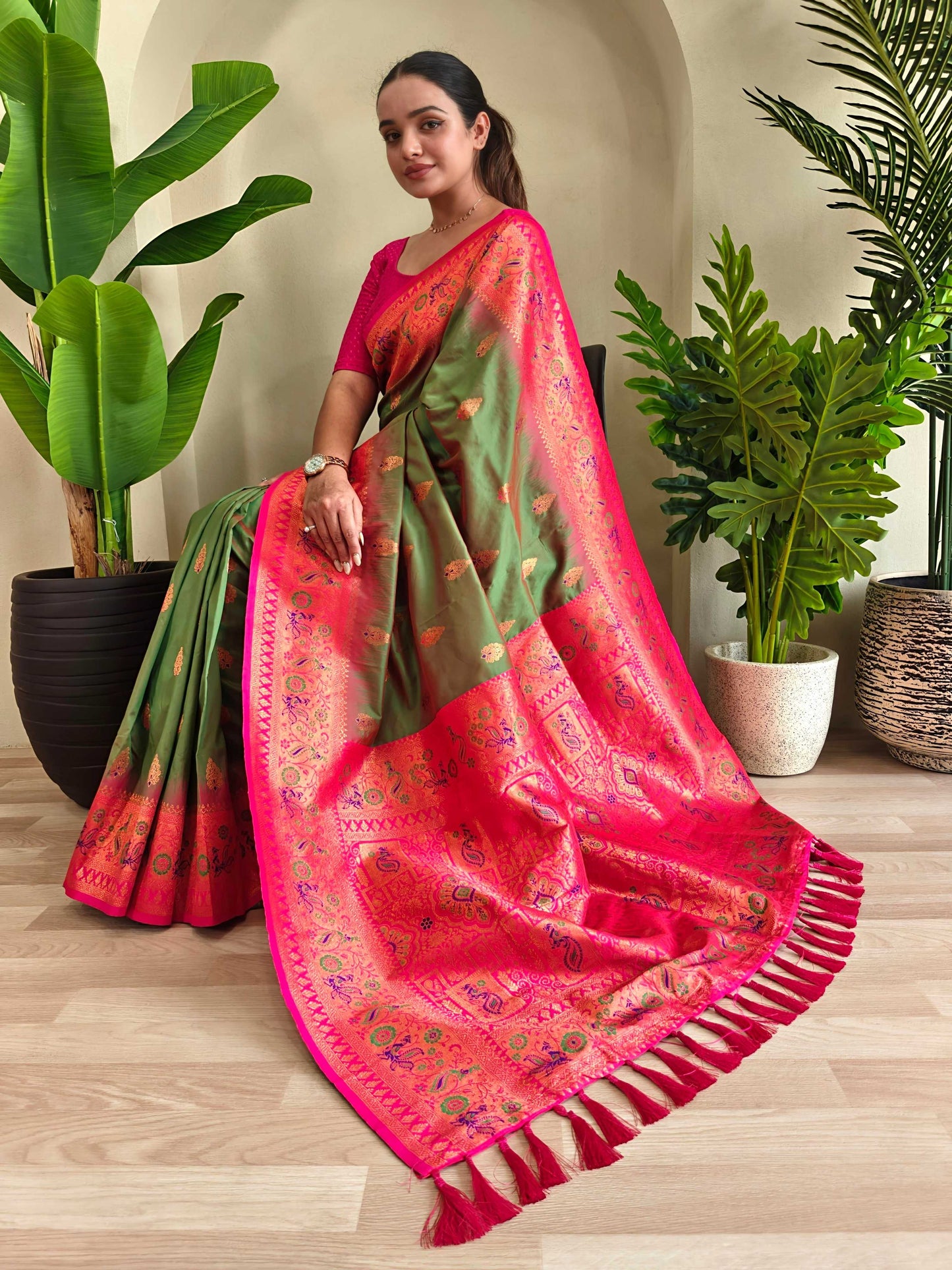 Mameraa Sarees Soft Silk Blend Blend Saree With Zari Weaving Meenakari Design-Mahendi Green