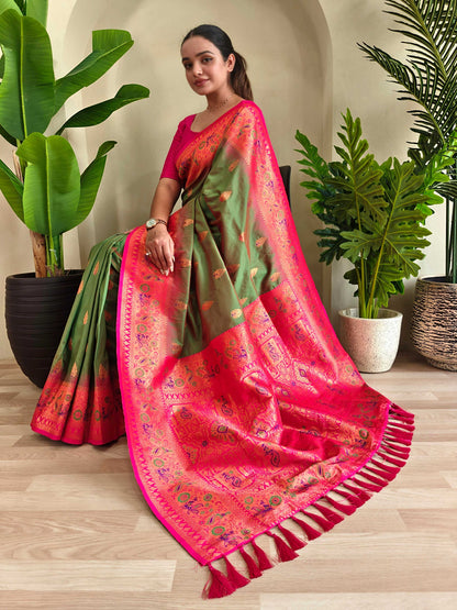 Mameraa Sarees Soft Silk Blend Blend Saree With Zari Weaving Meenakari Design-Mahendi Green