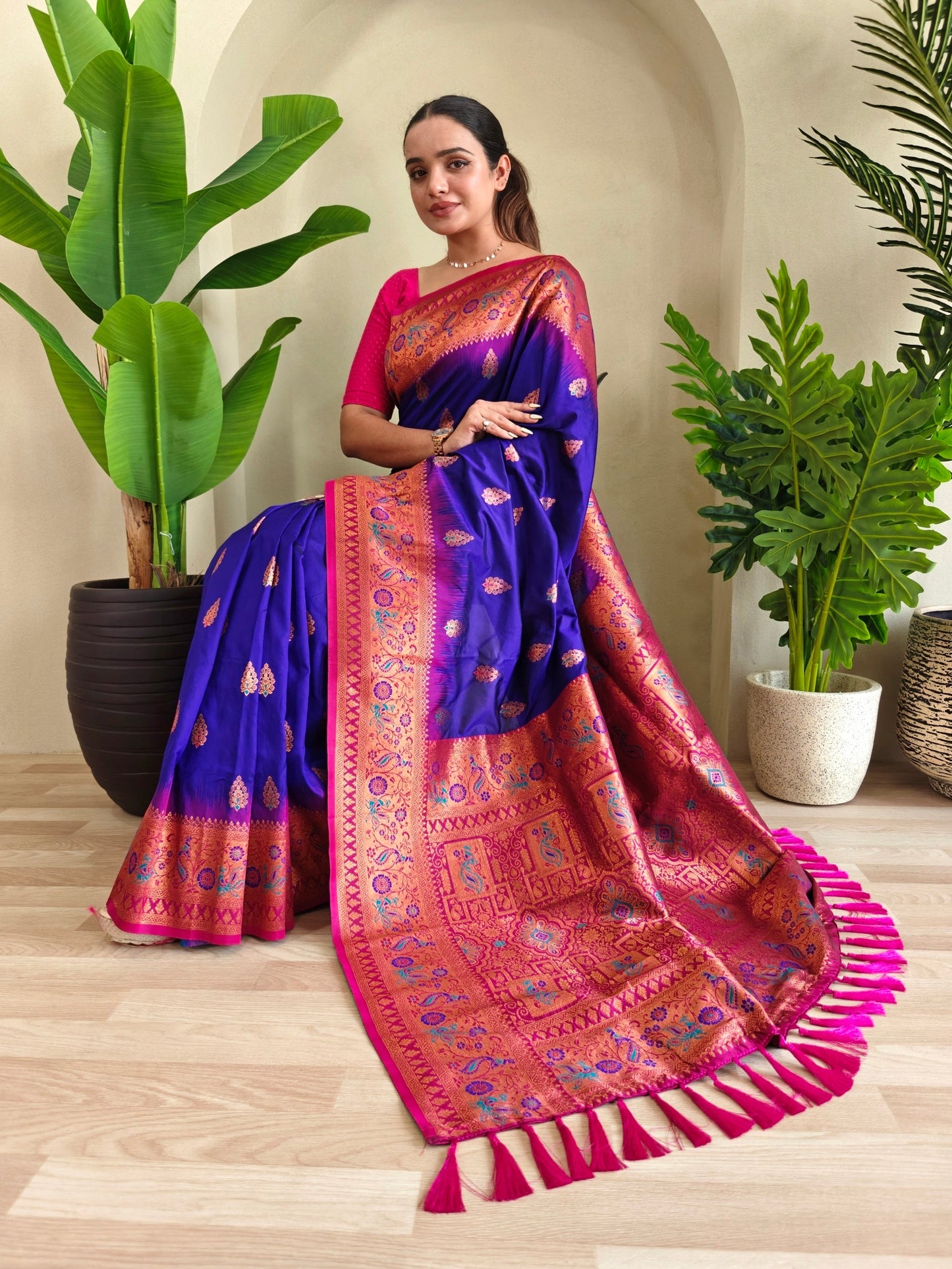 Mameraa Sarees Soft Silk Blend Blend Saree With Zari Weaving Meenakari Design-Violet