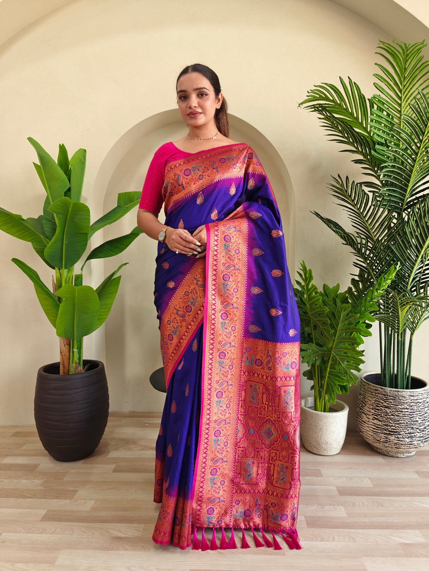 Mameraa Sarees Soft Silk Blend Blend Saree With Zari Weaving Meenakari Design-Violet