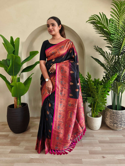 Mameraa Sarees Soft Silk Blend Blend Saree With Zari Weaving Meenakari Design-Black