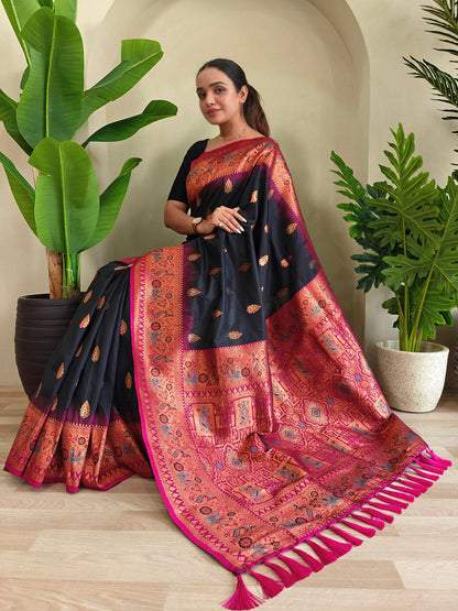 Mameraa Sarees Soft Silk Blend Blend Saree With Zari Weaving Meenakari Design-Black
