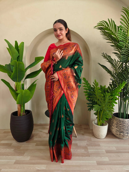 Mameraa Sarees Soft Silk Blend Blend Saree With Zari Weaving Meenakari Design-Green