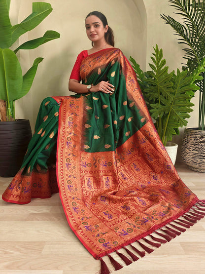 Mameraa Sarees Soft Silk Blend Blend Saree With Zari Weaving Meenakari Design-Green