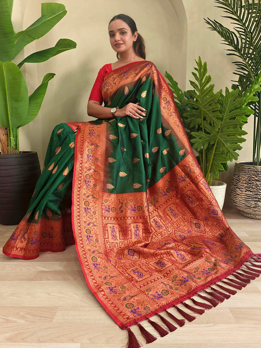 Mameraa Sarees Soft Silk Blend Blend Saree With Zari Weaving Meenakari Design-Green