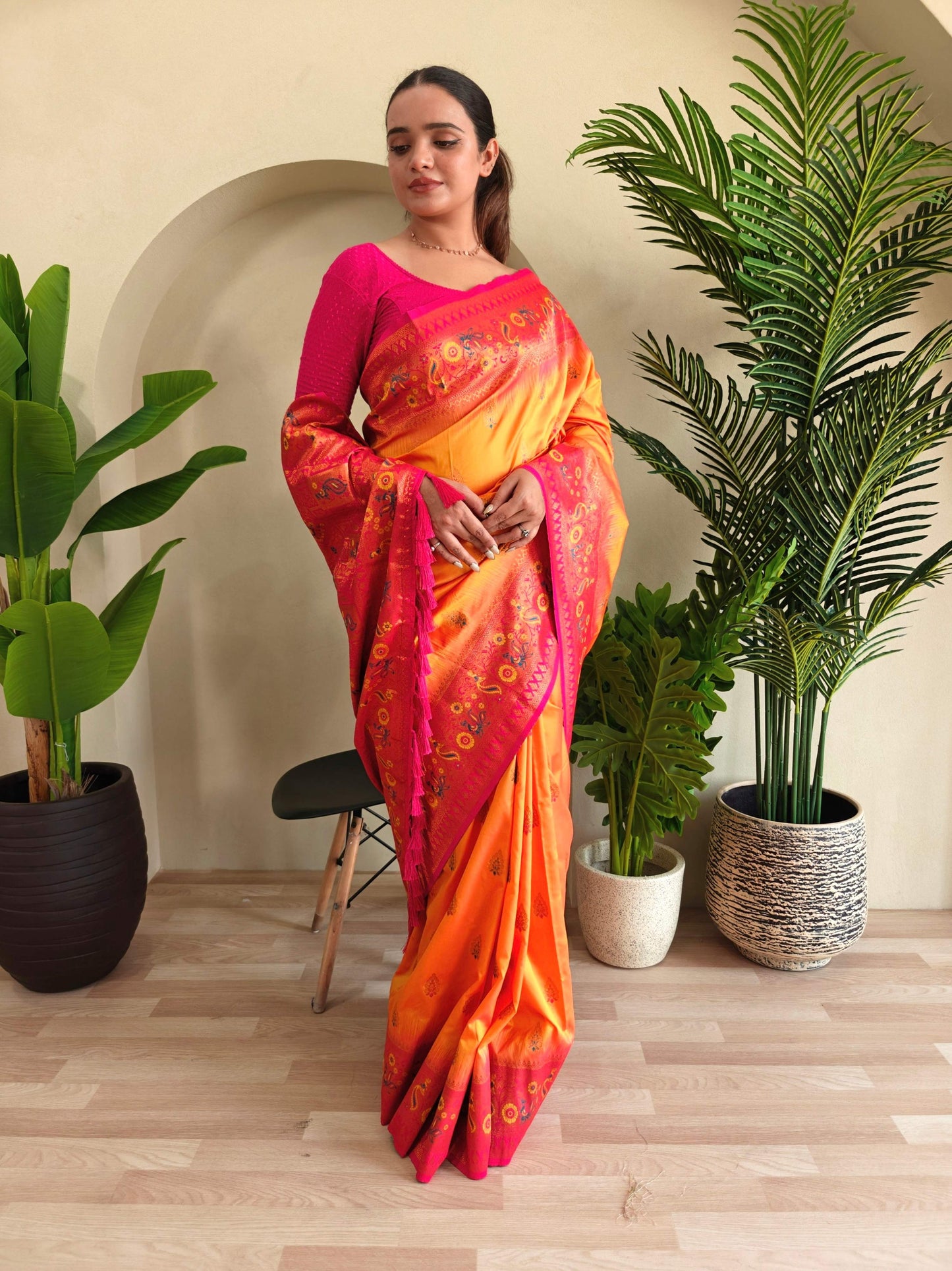 Mameraa Sarees Soft Silk Blend Blend Saree With Zari Weaving Meenakari Design-Yellow