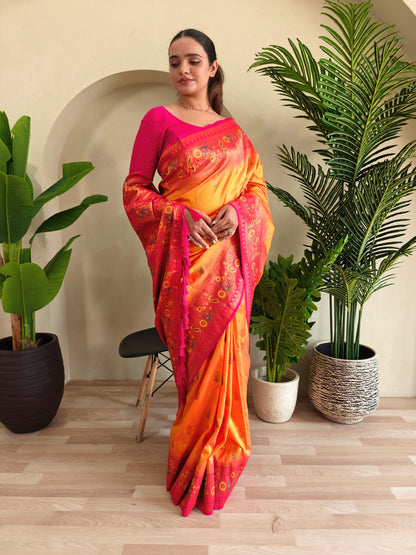 Mameraa Sarees Soft Silk Blend Blend Saree With Zari Weaving Meenakari Design-Yellow