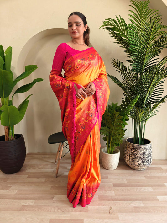 Mameraa Sarees Soft Silk Blend Blend Saree With Zari Weaving Meenakari Design-Yellow