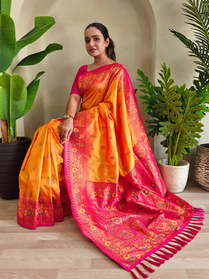Mameraa Sarees Soft Silk Blend Blend Saree With Zari Weaving Meenakari Design-Yellow