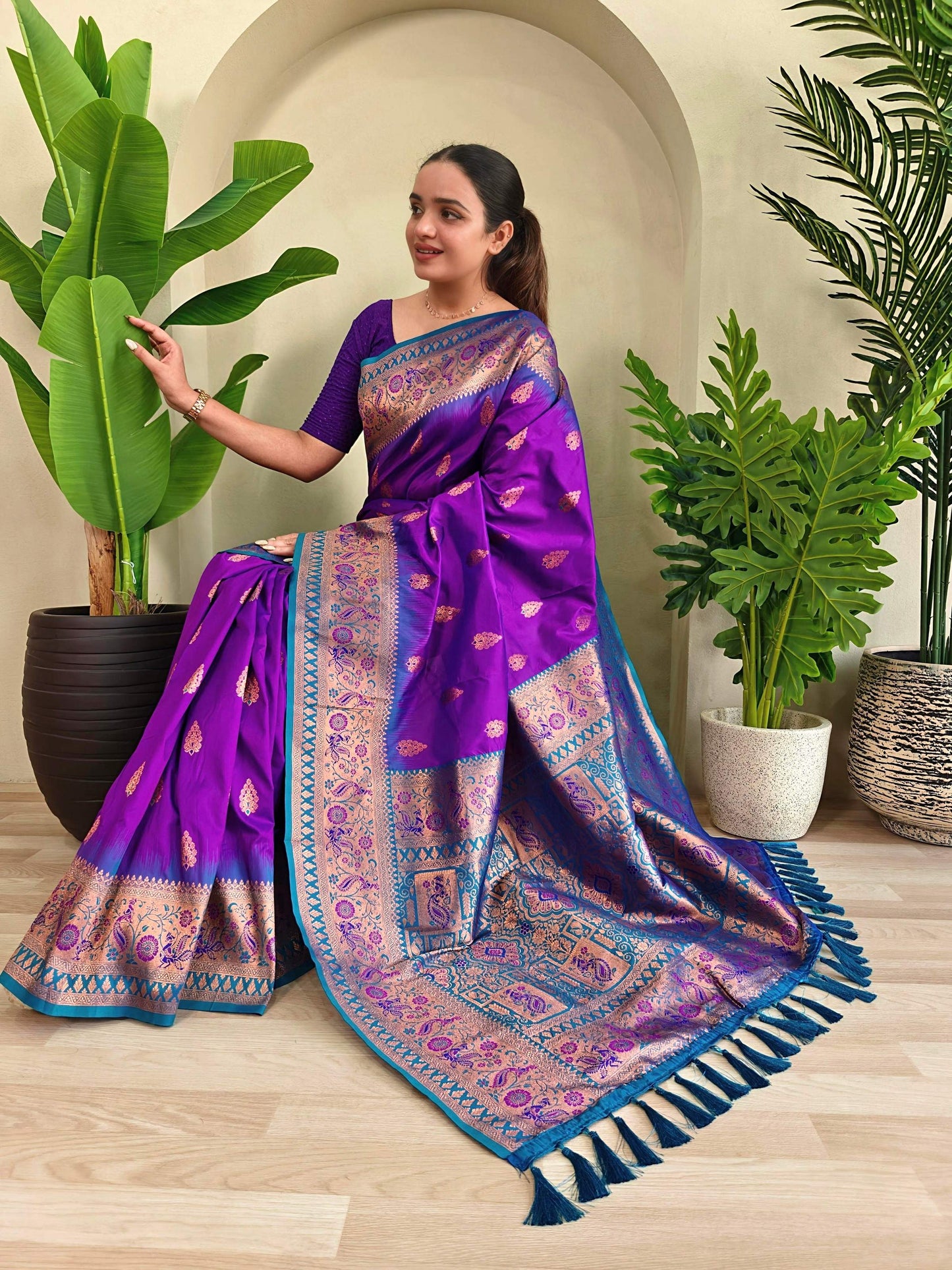 Mameraa Sarees Soft Silk Blend Blend Saree With Zari Weaving Meenakari Design-Purple