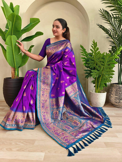 Mameraa Sarees Soft Silk Blend Blend Saree With Zari Weaving Meenakari Design-Purple
