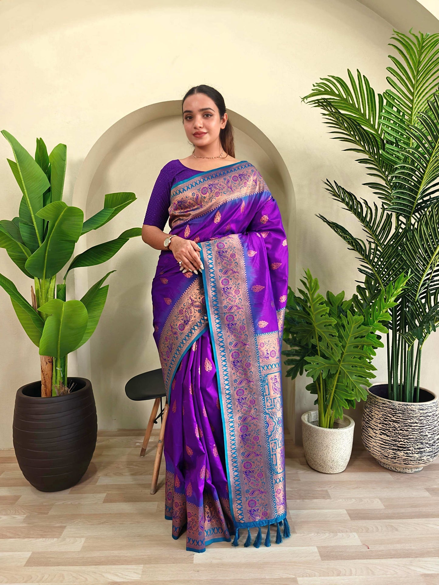Mameraa Sarees Soft Silk Blend Blend Saree With Zari Weaving Meenakari Design-Purple