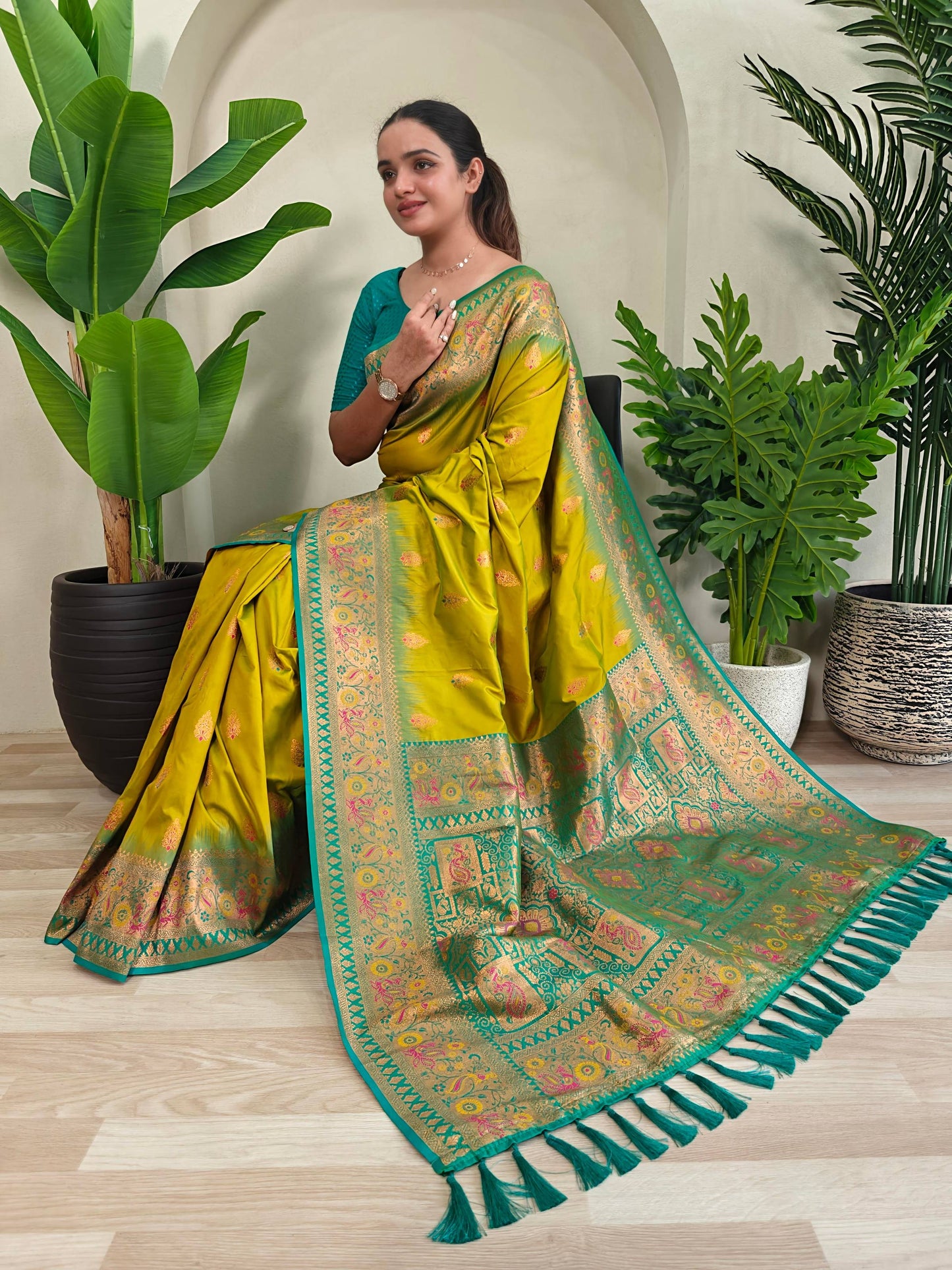 Mameraa Sarees Soft Silk Blend Blend Saree With Zari Weaving Meenakari Design-Lemon Yellow