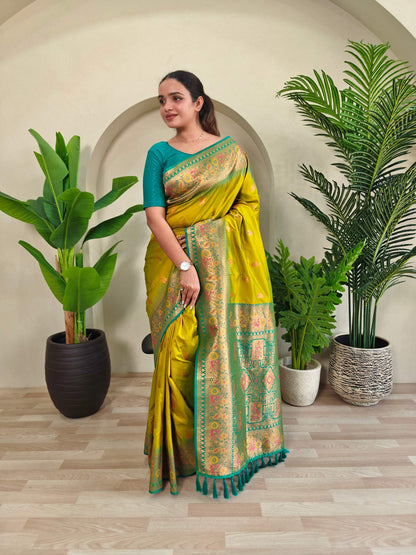 Mameraa Sarees Soft Silk Blend Blend Saree With Zari Weaving Meenakari Design-Lemon Yellow
