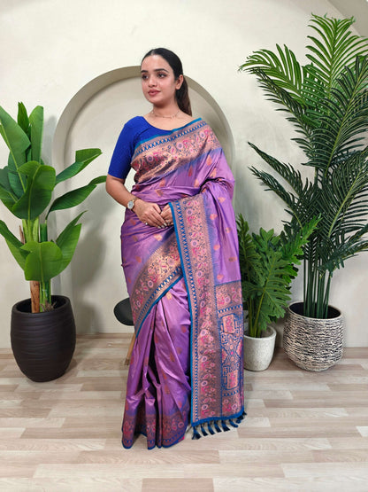 Mameraa Sarees Soft Silk Blend Blend Saree With Zari Weaving Meenakari Design-Lovender
