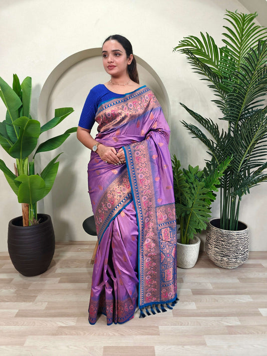 Mameraa Sarees Soft Silk Blend Blend Saree With Zari Weaving Meenakari Design-Lovender