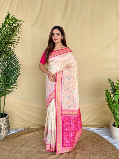 Mameraa Sarees Ivory Soft Silk Saree With Multi Thread Zari Contrast Border And Pallu-Ivory