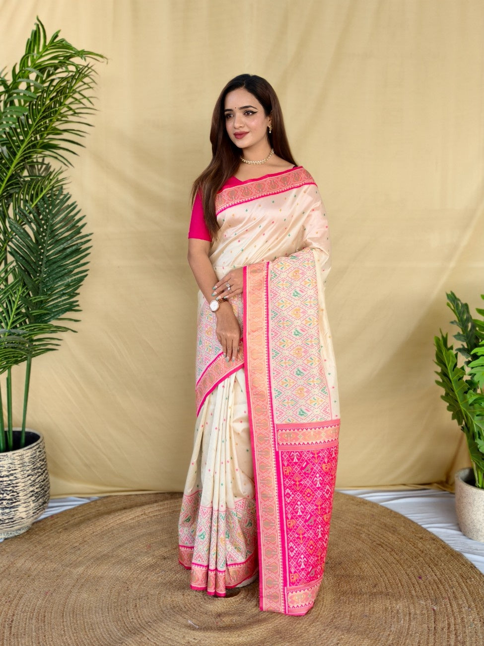 Mameraa Sarees Ivory Soft Silk Saree With Multi Thread Zari Contrast Border And Pallu-Ivory