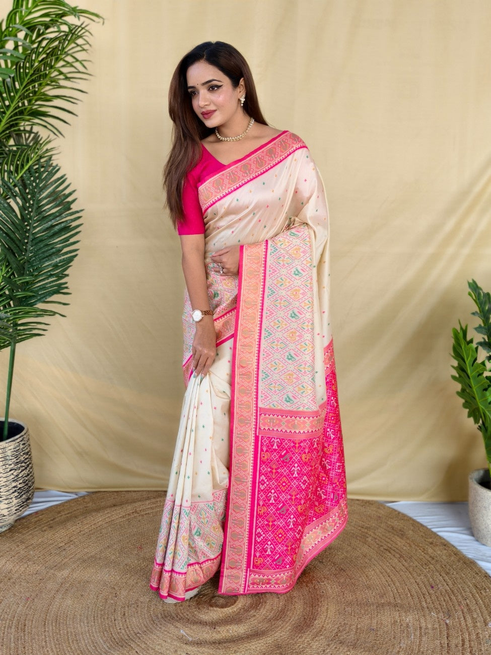 Mameraa Sarees Ivory Soft Silk Saree With Multi Thread Zari Contrast Border And Pallu-Ivory