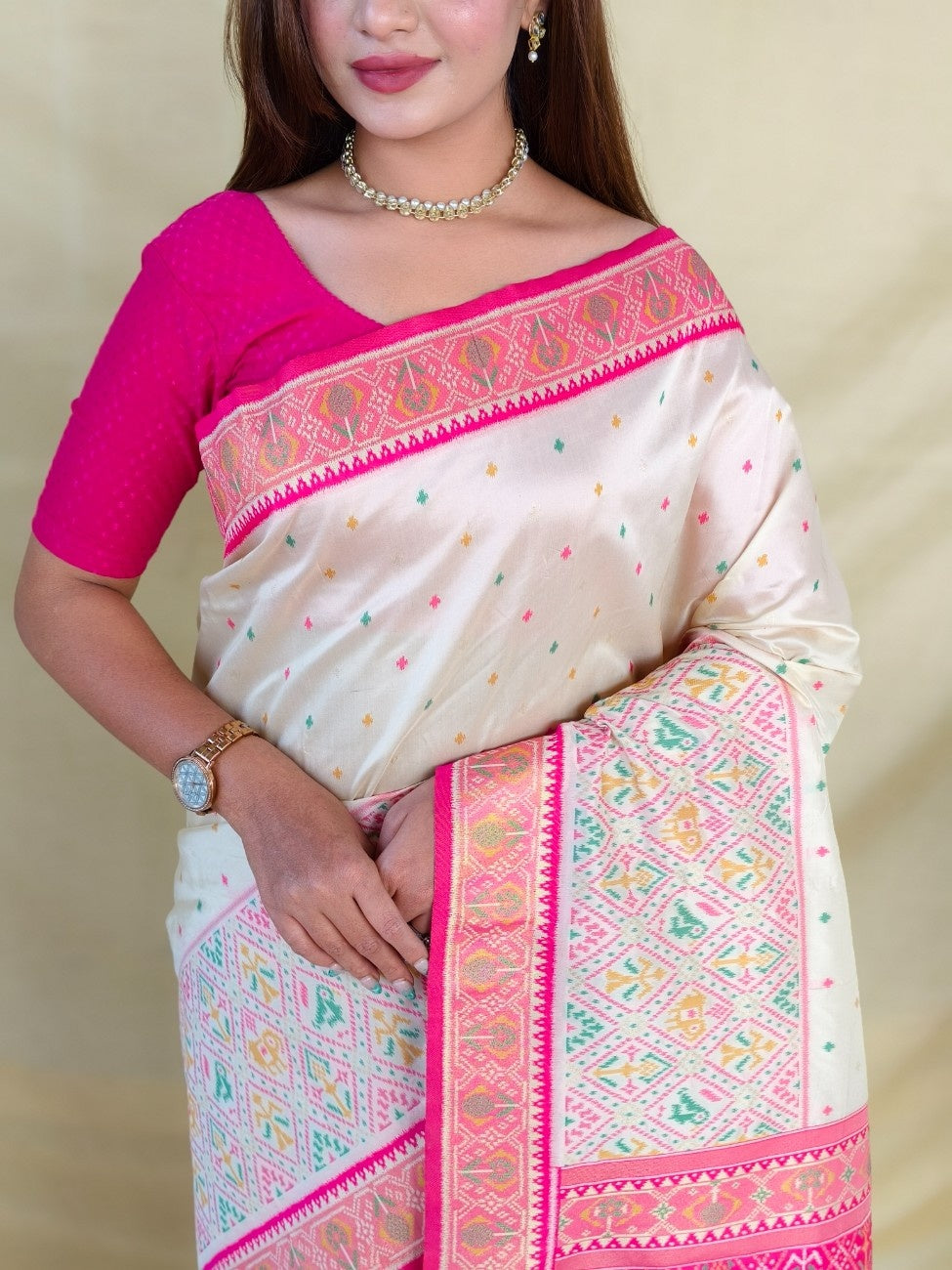 Mameraa Sarees Ivory Soft Silk Saree With Multi Thread Zari Contrast Border And Pallu-Ivory